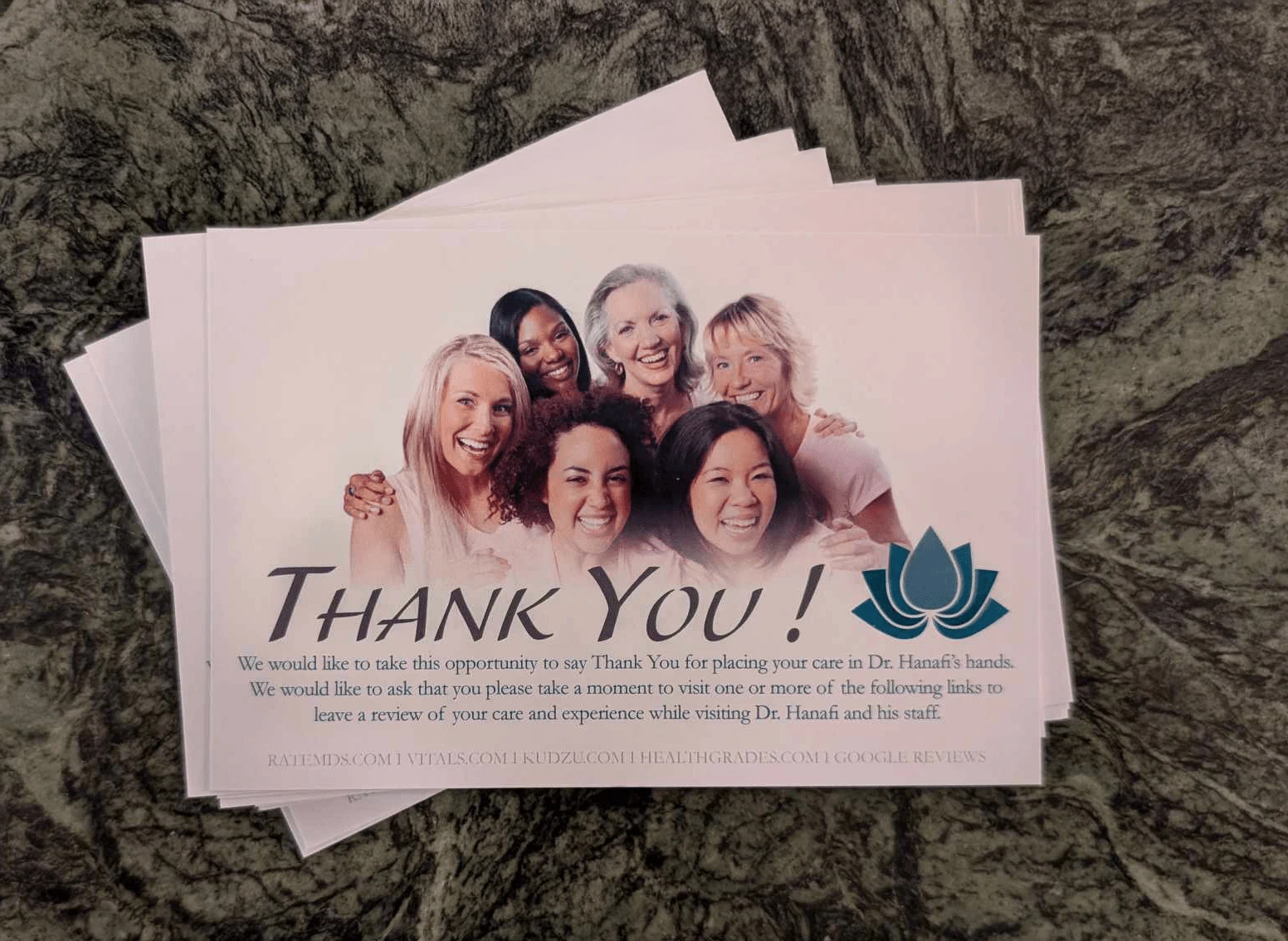 This is a photo of some reading material from Dr. Hanafi's office. It's a Thank you card.
